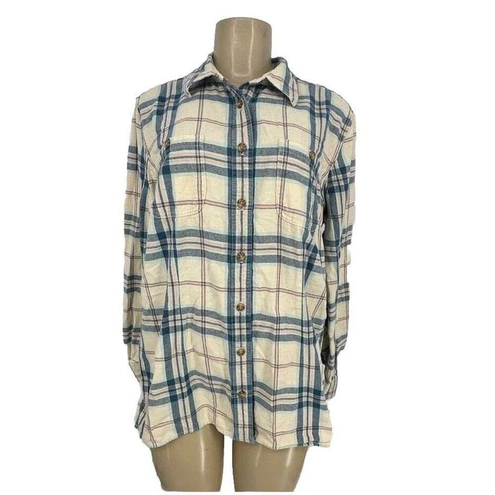 Duluth Trading Co Flannel Shirt Women Large Plaid Pockets Workwear Buttoned 43-1